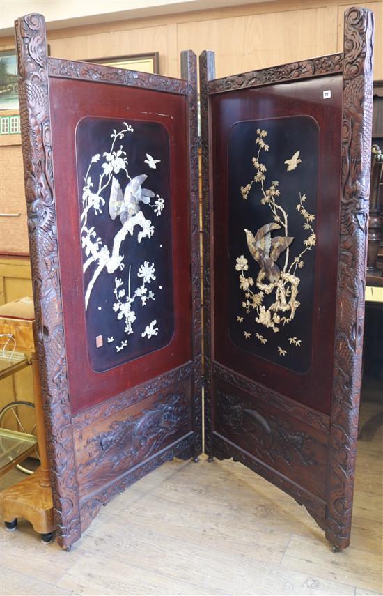 A Japanese shibayama work two fold screen, each panel with oblong reserve depicting a bird of prey Each H.182.5cm. W.86cm.